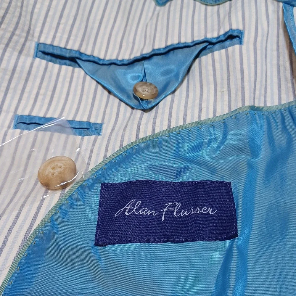 Alan Flusser Mens 42R Blue Stripe Seersucker Blazer Resort Cruise Wedding Guest